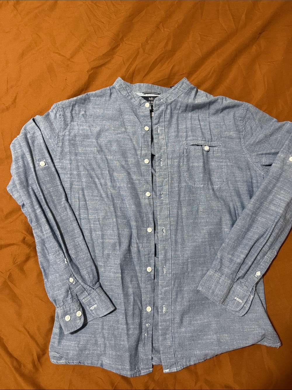 Michael Brandon Blue Grandad Collar Button-Down Shirt